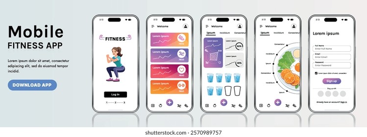 A sleek fitness app interface template featuring responsive design elements, including dashboards, charts, and statistics. Perfect for tracking health, weekly progress, and sports activities