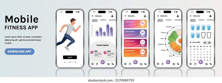 A sleek fitness app interface template featuring responsive design elements, including dashboards, charts, and statistics. Perfect for tracking health, weekly progress, and sports activities