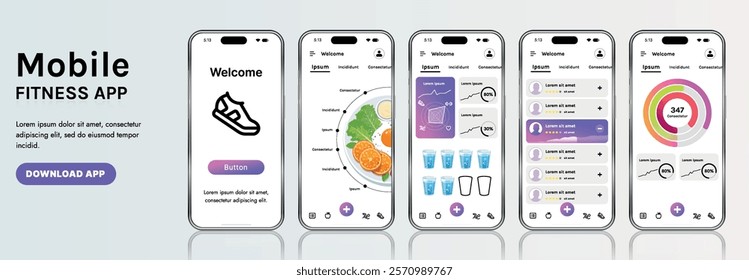 A sleek fitness app interface template featuring responsive design elements, including dashboards, charts, and statistics. Perfect for tracking health, weekly progress, and sports activities