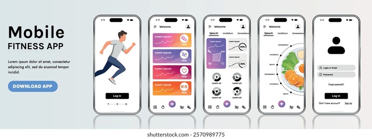 A sleek fitness app interface template featuring responsive design elements, including dashboards, charts, and statistics. Perfect for tracking health, weekly progress, and sports activities