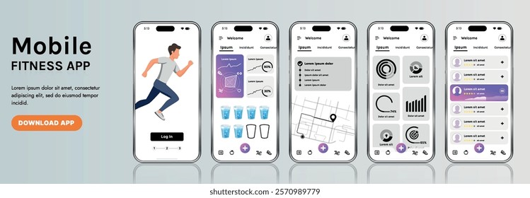 A sleek fitness app interface template featuring responsive design elements, including dashboards, charts, and statistics. Perfect for tracking health, weekly progress, and sports activities