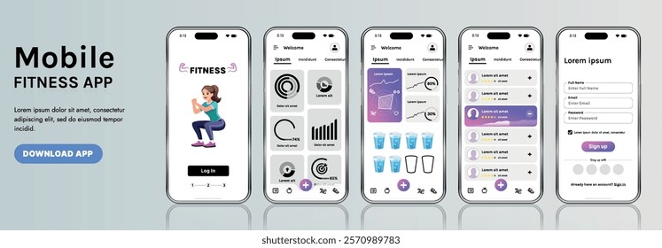 A sleek fitness app interface template featuring responsive design elements, including dashboards, charts, and statistics. Perfect for tracking health, weekly progress, and sports activities