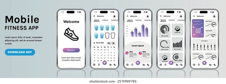 A sleek fitness app interface template featuring responsive design elements, including dashboards, charts, and statistics. Perfect for tracking health, weekly progress, and sports activities