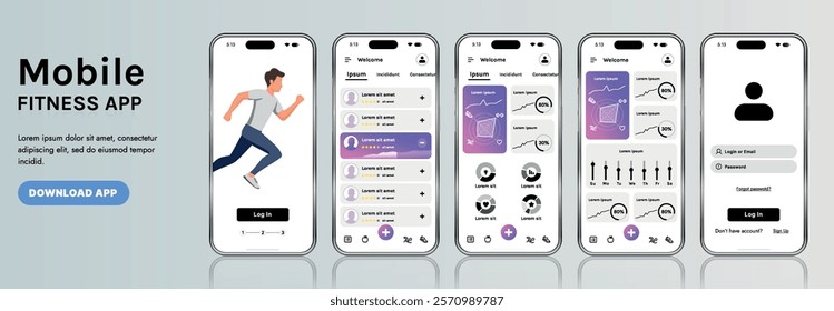A sleek fitness app interface template featuring responsive design elements, including dashboards, charts, and statistics. Perfect for tracking health, weekly progress, and sports activities