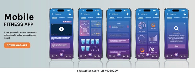 A sleek fitness app interface template featuring responsive design elements, including dashboards, charts, and statistics. Perfect for tracking health, weekly progress, and sports activities