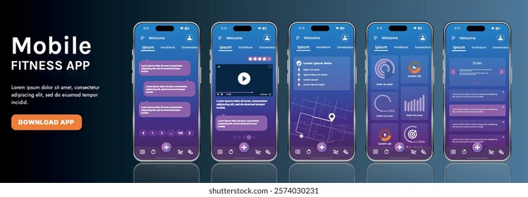 A sleek fitness app interface template featuring responsive design elements, including dashboards, charts, and statistics. Perfect for tracking health, weekly progress, and sports activities
