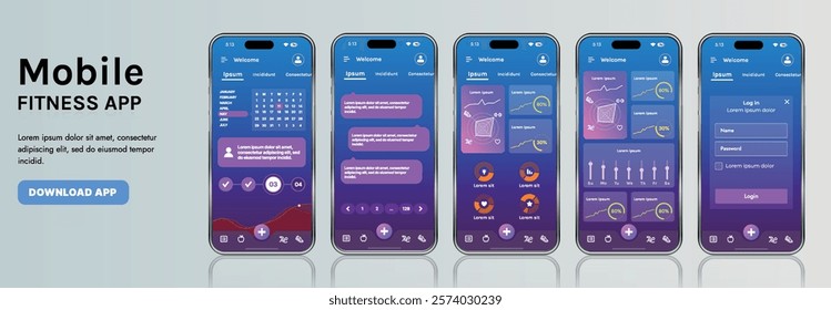 A sleek fitness app interface template featuring responsive design elements, including dashboards, charts, and statistics. Perfect for tracking health, weekly progress, and sports activities