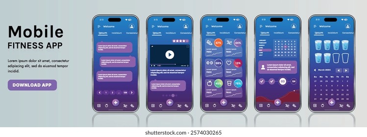 A sleek fitness app interface template featuring responsive design elements, including dashboards, charts, and statistics. Perfect for tracking health, weekly progress, and sports activities
