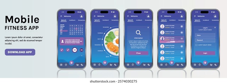 A sleek fitness app interface template featuring responsive design elements, including dashboards, charts, and statistics. Perfect for tracking health, weekly progress, and sports activities