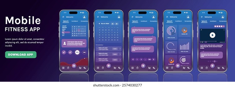 A sleek fitness app interface template featuring responsive design elements, including dashboards, charts, and statistics. Perfect for tracking health, weekly progress, and sports activities