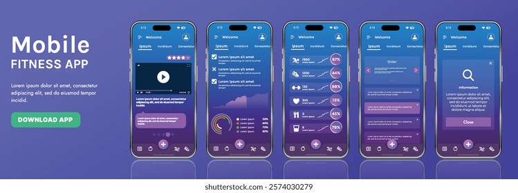 A sleek fitness app interface template featuring responsive design elements, including dashboards, charts, and statistics. Perfect for tracking health, weekly progress, and sports activities