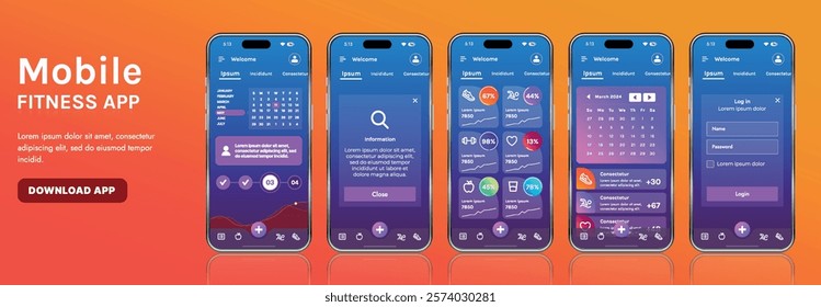 A sleek fitness app interface template featuring responsive design elements, including dashboards, charts, and statistics. Perfect for tracking health, weekly progress, and sports activities