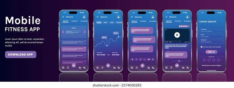 A sleek fitness app interface template featuring responsive design elements, including dashboards, charts, and statistics. Perfect for tracking health, weekly progress, and sports activities