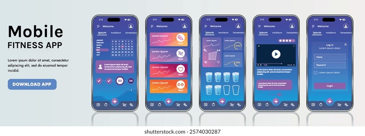 A sleek fitness app interface template featuring responsive design elements, including dashboards, charts, and statistics. Perfect for tracking health, weekly progress, and sports activities