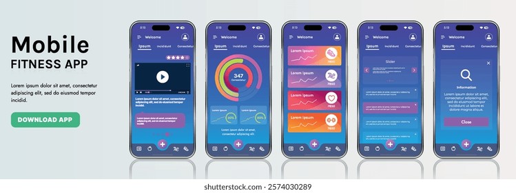A sleek fitness app interface template featuring responsive design elements, including dashboards, charts, and statistics. Perfect for tracking health, weekly progress, and sports activities