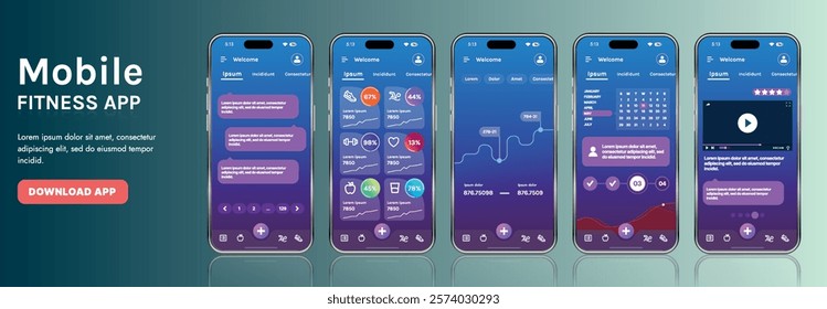 A sleek fitness app interface template featuring responsive design elements, including dashboards, charts, and statistics. Perfect for tracking health, weekly progress, and sports activities