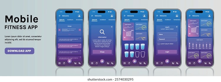 A sleek fitness app interface template featuring responsive design elements, including dashboards, charts, and statistics. Perfect for tracking health, weekly progress, and sports activities