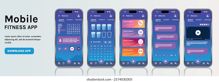 A sleek fitness app interface template featuring responsive design elements, including dashboards, charts, and statistics. Perfect for tracking health, weekly progress, and sports activities