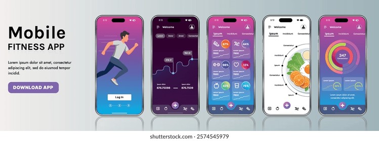 A sleek fitness app interface template featuring responsive design elements, including dashboards, charts, and statistics. Perfect for tracking health, weekly progress, and sports activities