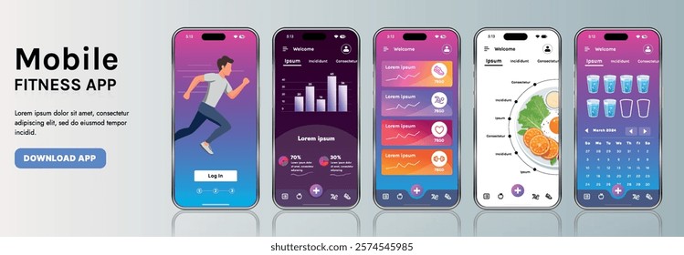 A sleek fitness app interface template featuring responsive design elements, including dashboards, charts, and statistics. Perfect for tracking health, weekly progress, and sports activities