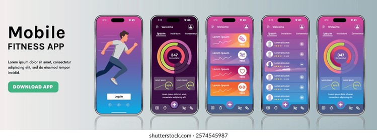 A sleek fitness app interface template featuring responsive design elements, including dashboards, charts, and statistics. Perfect for tracking health, weekly progress, and sports activities