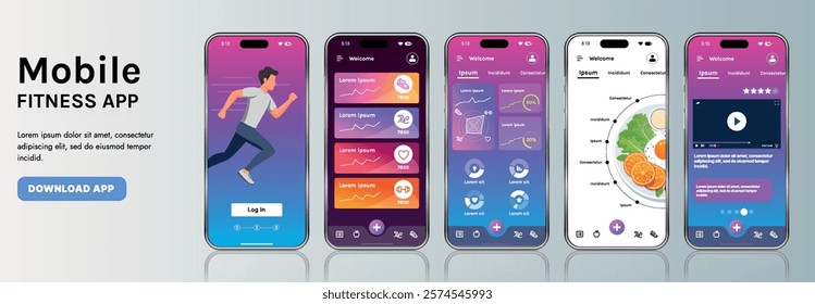 A sleek fitness app interface template featuring responsive design elements, including dashboards, charts, and statistics. Perfect for tracking health, weekly progress, and sports activities