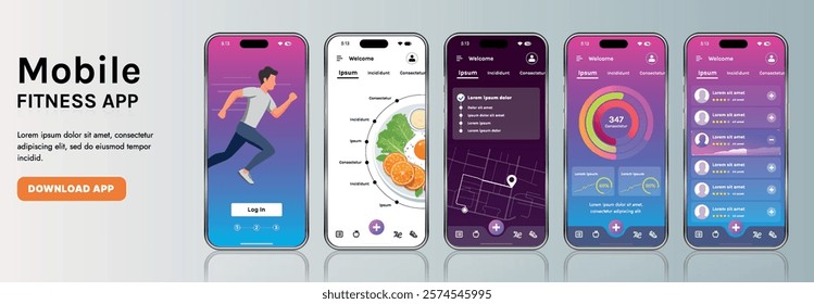 A sleek fitness app interface template featuring responsive design elements, including dashboards, charts, and statistics. Perfect for tracking health, weekly progress, and sports activities