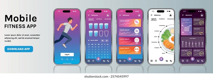 A sleek fitness app interface template featuring responsive design elements, including dashboards, charts, and statistics. Perfect for tracking health, weekly progress, and sports activities