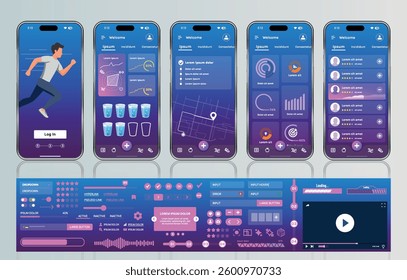 A sleek fitness app interface template featuring responsive design elements, including dashboards, charts, and statistics. Perfect for tracking health, weekly progress, and sports activities