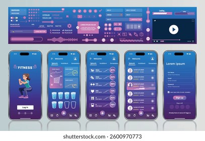 A sleek fitness app interface template featuring responsive design elements, including dashboards, charts, and statistics. Perfect for tracking health, weekly progress, and sports activities