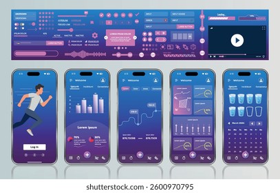 A sleek fitness app interface template featuring responsive design elements, including dashboards, charts, and statistics. Perfect for tracking health, weekly progress, and sports activities