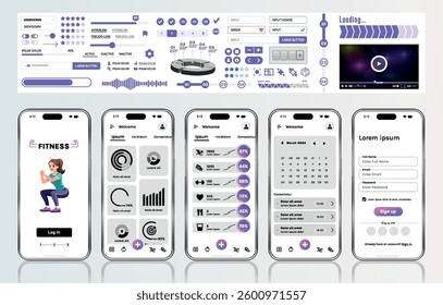 A sleek fitness app interface template featuring responsive design elements, including dashboards, charts, and statistics. Perfect for tracking health, weekly progress, and sports activities