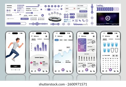 A sleek fitness app interface template featuring responsive design elements, including dashboards, charts, and statistics. Perfect for tracking health, weekly progress, and sports activities