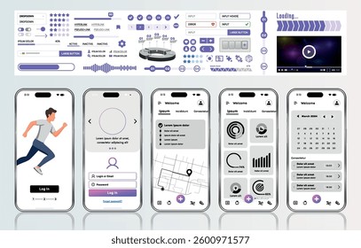A sleek fitness app interface template featuring responsive design elements, including dashboards, charts, and statistics. Perfect for tracking health, weekly progress, and sports activities