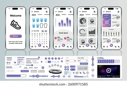 A sleek fitness app interface template featuring responsive design elements, including dashboards, charts, and statistics. Perfect for tracking health, weekly progress, and sports activities