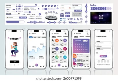 A sleek fitness app interface template featuring responsive design elements, including dashboards, charts, and statistics. Perfect for tracking health, weekly progress, and sports activities