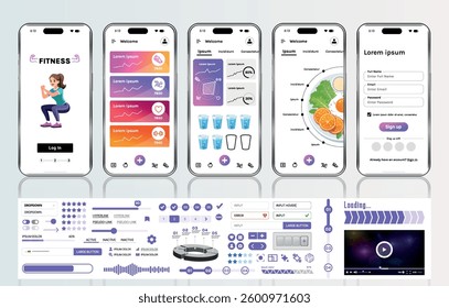 A sleek fitness app interface template featuring responsive design elements, including dashboards, charts, and statistics. Perfect for tracking health, weekly progress, and sports activities