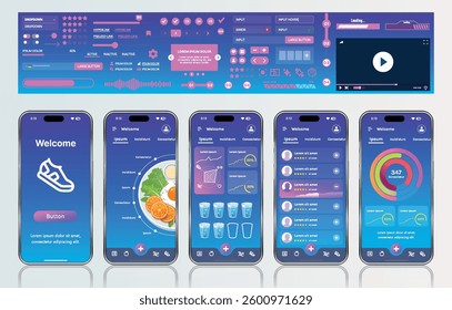 A sleek fitness app interface template featuring responsive design elements, including dashboards, charts, and statistics. Perfect for tracking health, weekly progress, and sports activities