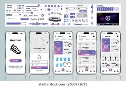 A sleek fitness app interface template featuring responsive design elements, including dashboards, charts, and statistics. Perfect for tracking health, weekly progress, and sports activities