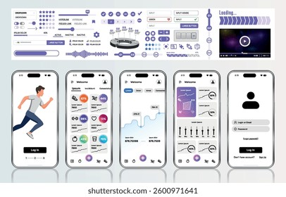 A sleek fitness app interface template featuring responsive design elements, including dashboards, charts, and statistics. Perfect for tracking health, weekly progress, and sports activities