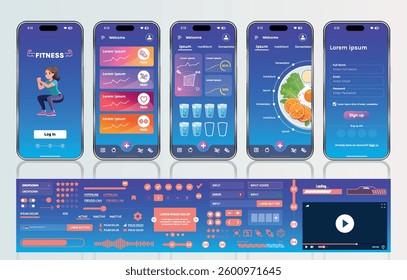 A sleek fitness app interface template featuring responsive design elements, including dashboards, charts, and statistics. Perfect for tracking health, weekly progress, and sports activities