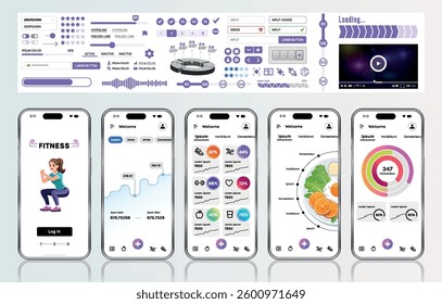 A sleek fitness app interface template featuring responsive design elements, including dashboards, charts, and statistics. Perfect for tracking health, weekly progress, and sports activities