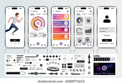A sleek fitness app interface template featuring responsive design elements, including dashboards, charts, and statistics. Perfect for tracking health, weekly progress, and sports activities