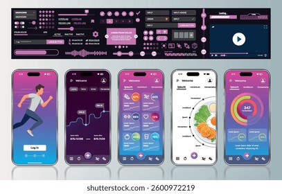A sleek fitness app interface template featuring responsive design elements, including dashboards, charts, and statistics. Perfect for tracking health, weekly progress, and sports activities