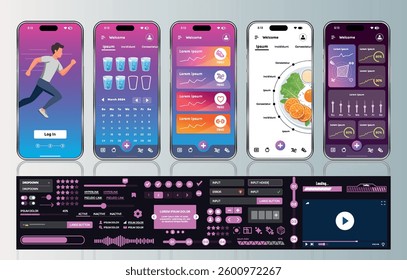 A sleek fitness app interface template featuring responsive design elements, including dashboards, charts, and statistics. Perfect for tracking health, weekly progress, and sports activities