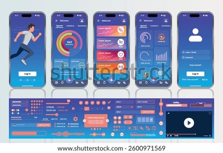 A sleek fitness app interface template featuring responsive design elements, including dashboards, charts, and statistics. Perfect for tracking health, weekly progress, and sports activities