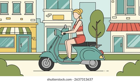 Sleek flat vector illustration of a woman in activewear riding a scooter through a modern city with skyscrapers. Perfect for urban mobility, healthy living, and summer commutes	