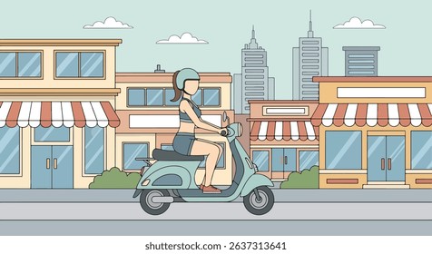Sleek flat vector illustration of a woman in activewear riding a scooter through a modern city with skyscrapers. Perfect for urban mobility, healthy living, and summer commutes	