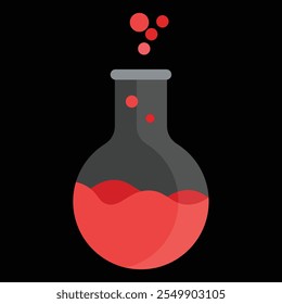 Una Ilustración vectorial elegante y de estilo plano de un frasco de química de laboratorio lleno de líquido rojo, que emite burbujas.