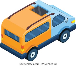 A sleek and functional isometric illustration of a blue and orange delivery van with a sunroof. Perfect for logistics companies, delivery services, or e-commerce businesses.